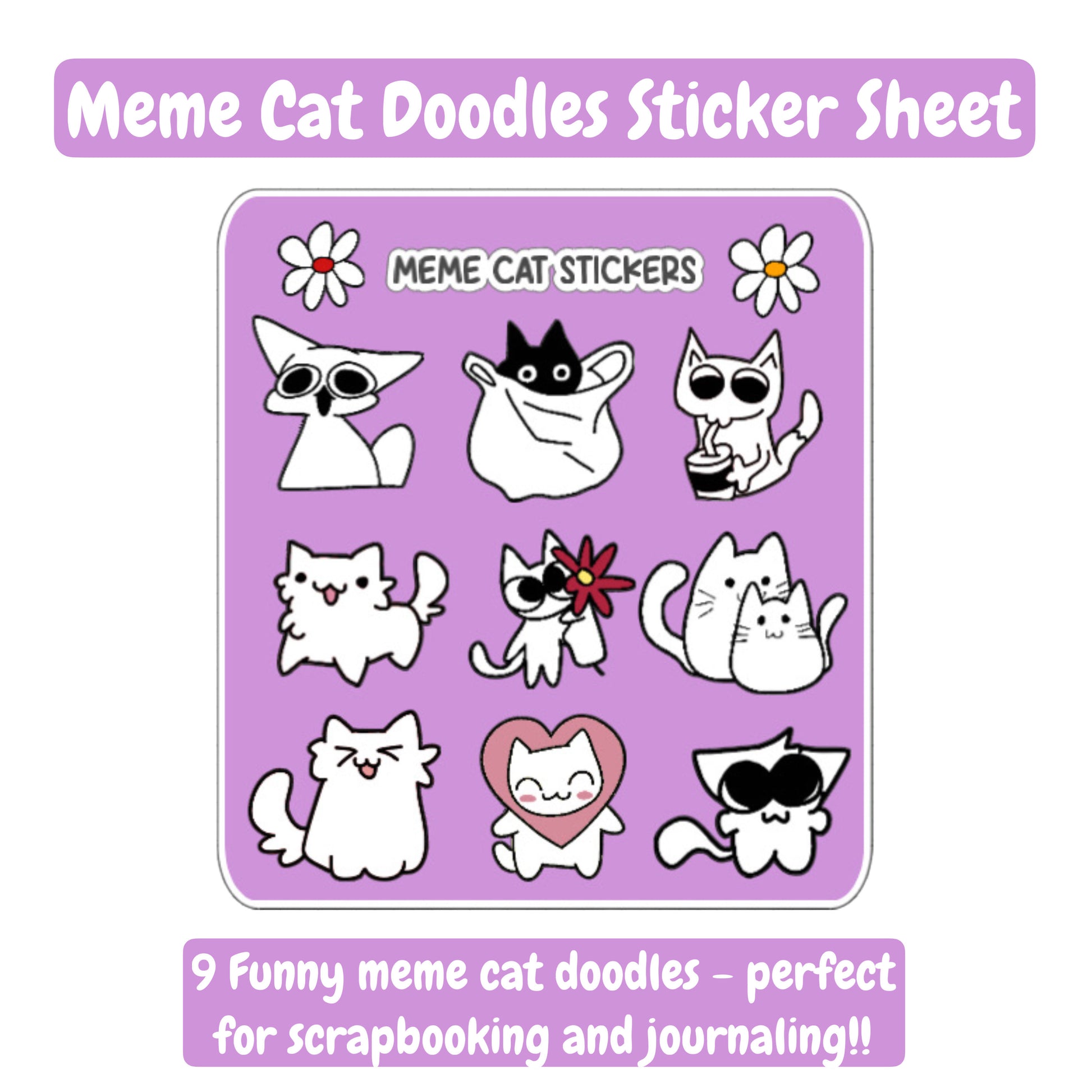 Funny Cats Sticker Sheet - 9 Funny Handmade Cat Stickers