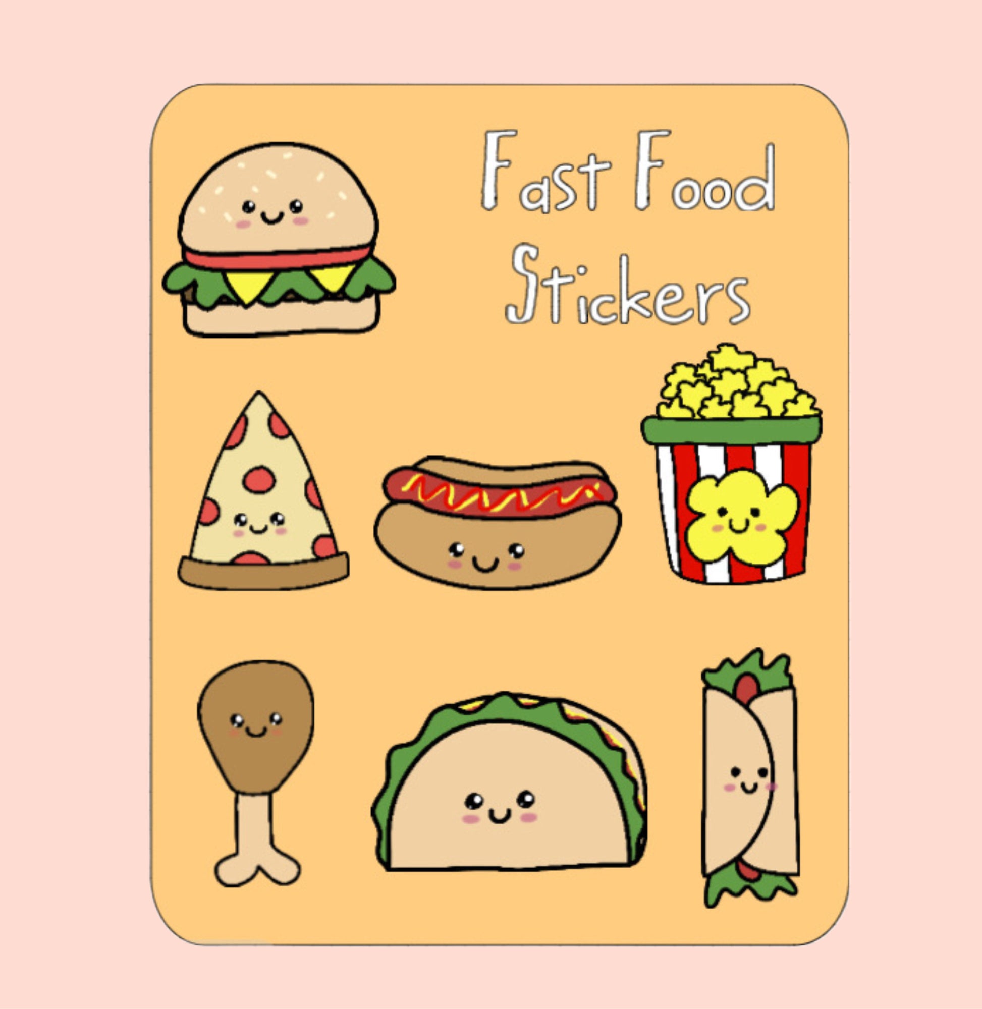 Cute Fast Food Sticker Sheet - 7 Cute Hand-Drawn Stickers