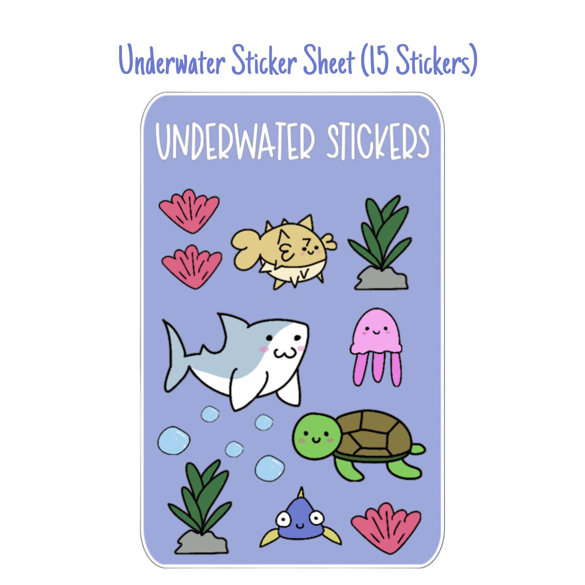Underwater Themed Sticker Sheet - 15 Cute Hand-Drawn Stickers