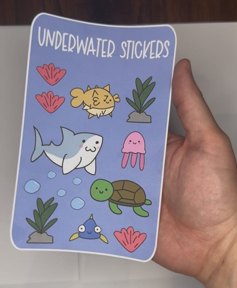 Underwater Themed Sticker Sheet - 15 Cute Hand-Drawn Stickers